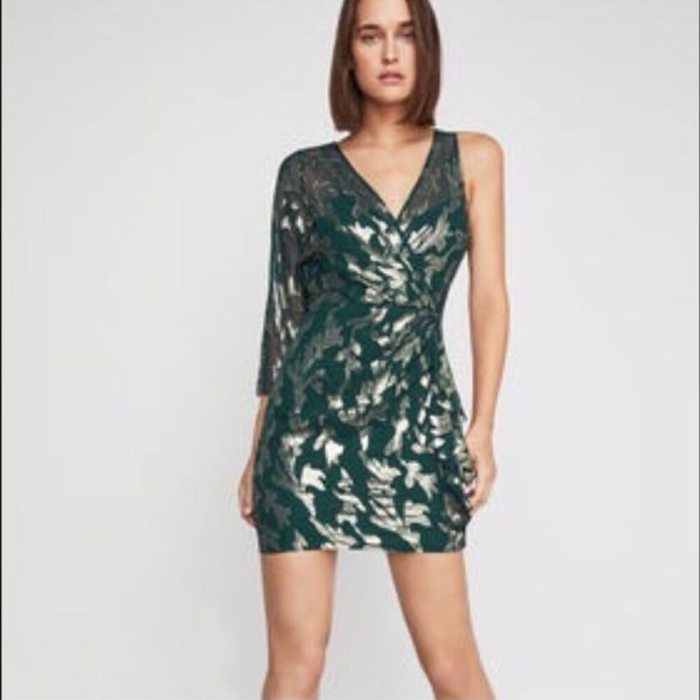 BCBGMAXAZRIA Asymmetric Faux Wrap Dress in Fern Combo 4 EUC